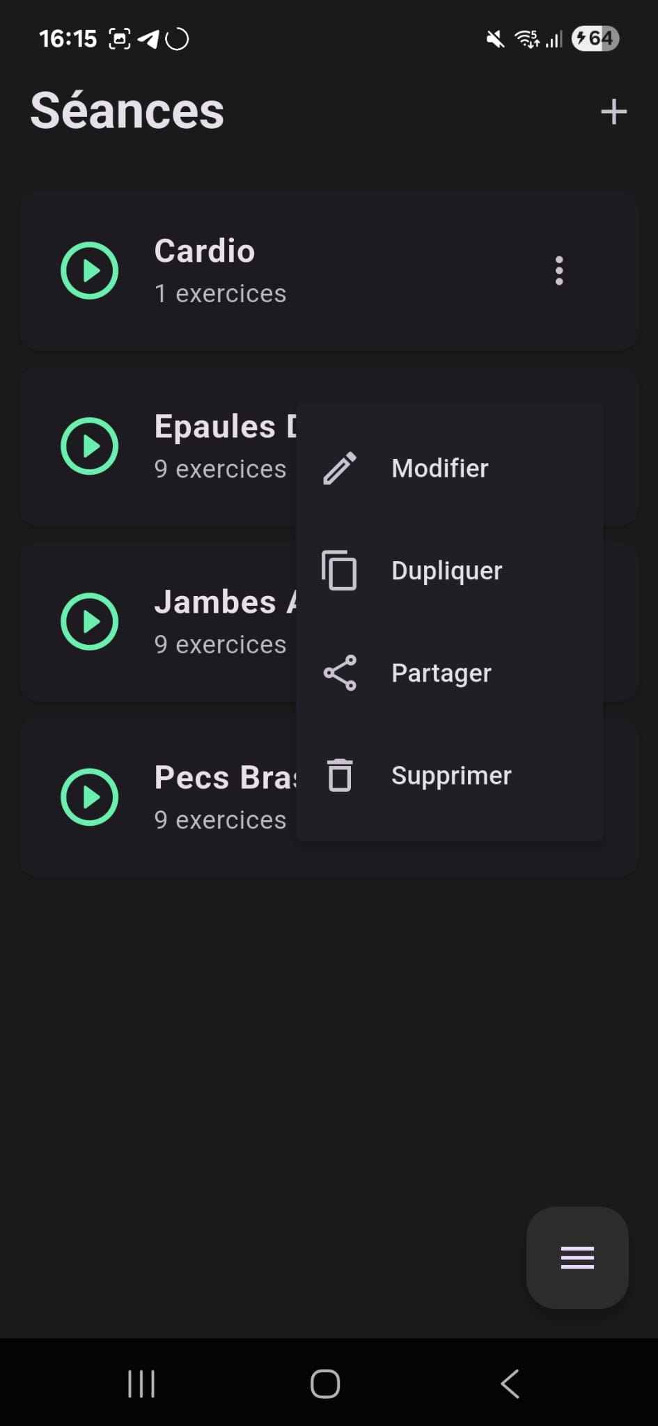 Menu de partage de séance
